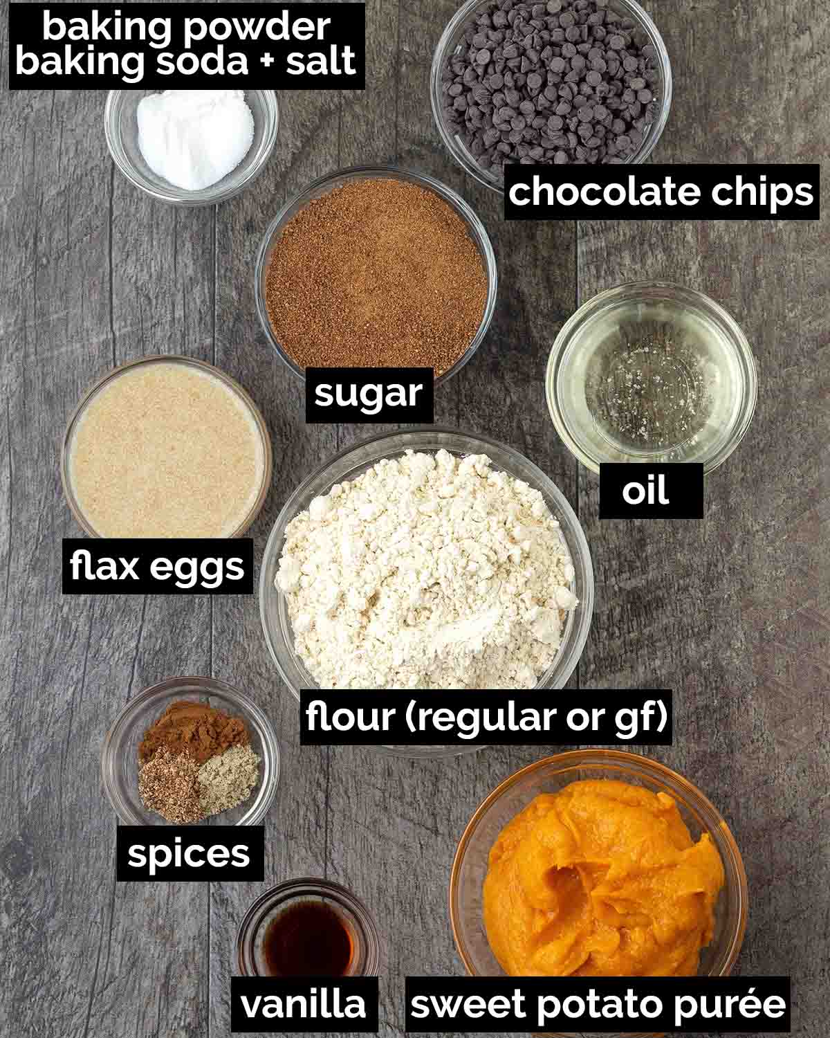 An overhead shot showing the ingredients needed to make vegan sweet potato muffins.