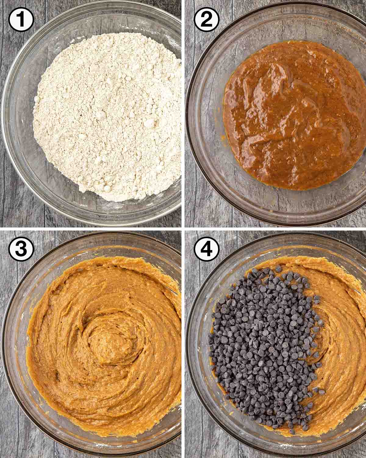 A collage of four images showing the first sequence of steps needed to make vegan sweet potato muffins.