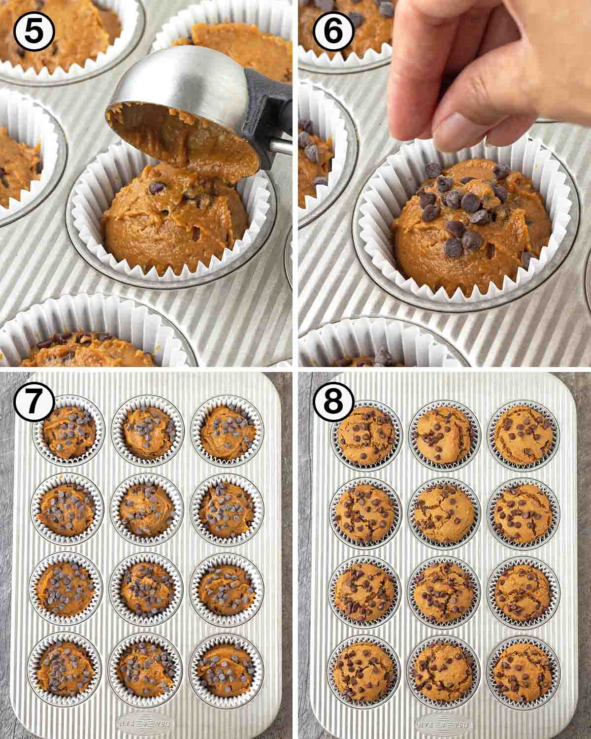 A collage of four images showing the second sequence of steps needed to make vegan sweet potato muffins.