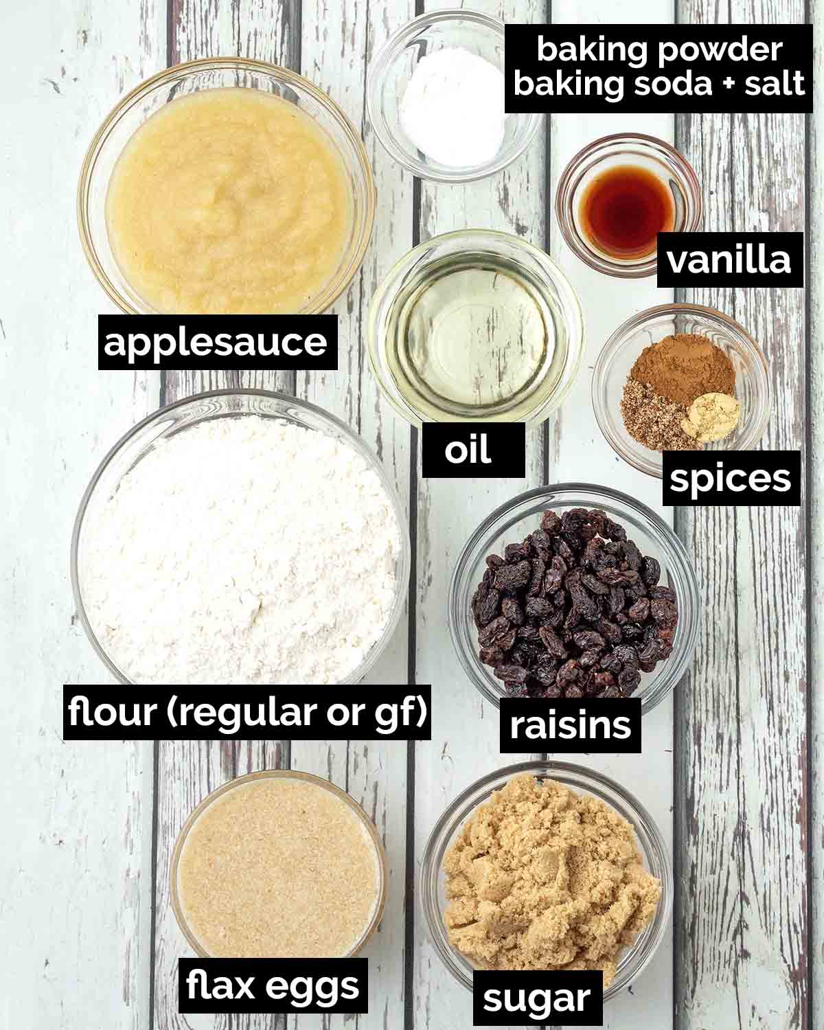 An overhead shot showing the ingredients needed to make vegan applesauce muffins.