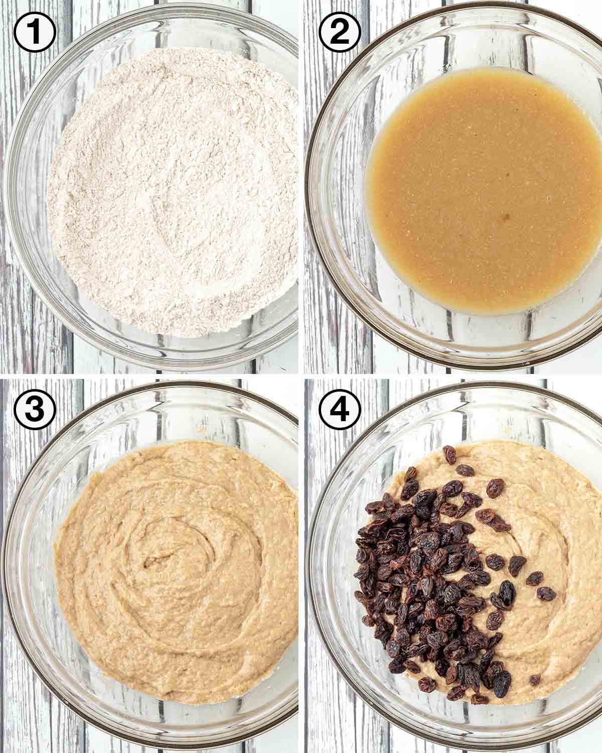 A collage of four images showing the first sequence of steps needed to make vegan applesauce muffins.