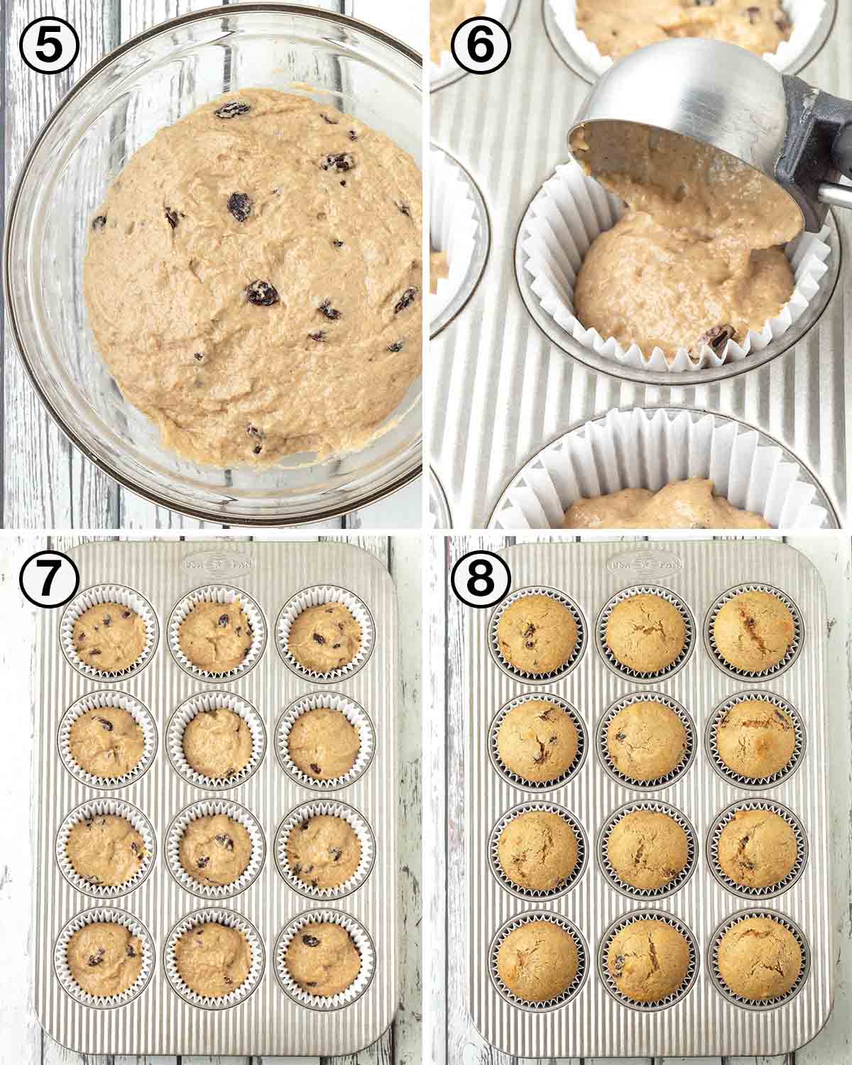 A collage of four images showing the second sequence of steps needed to make vegan applesauce muffins.