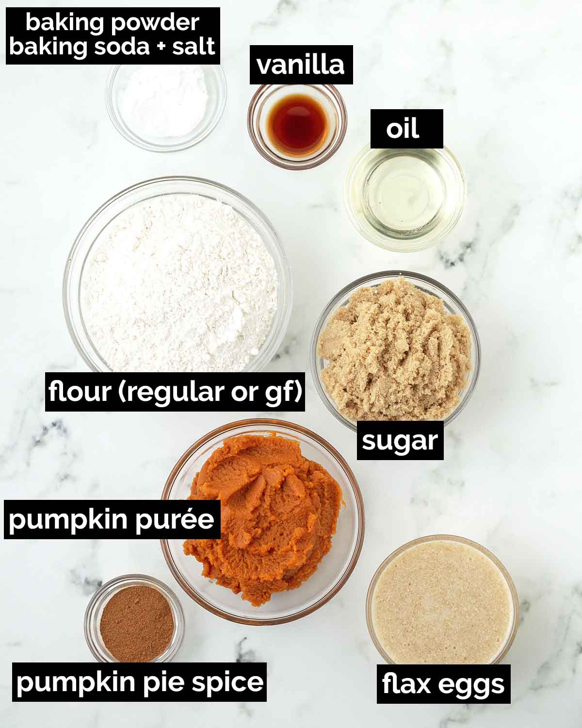 An overhead shot showing the ingredients needed to make vegan pumpkin bars.