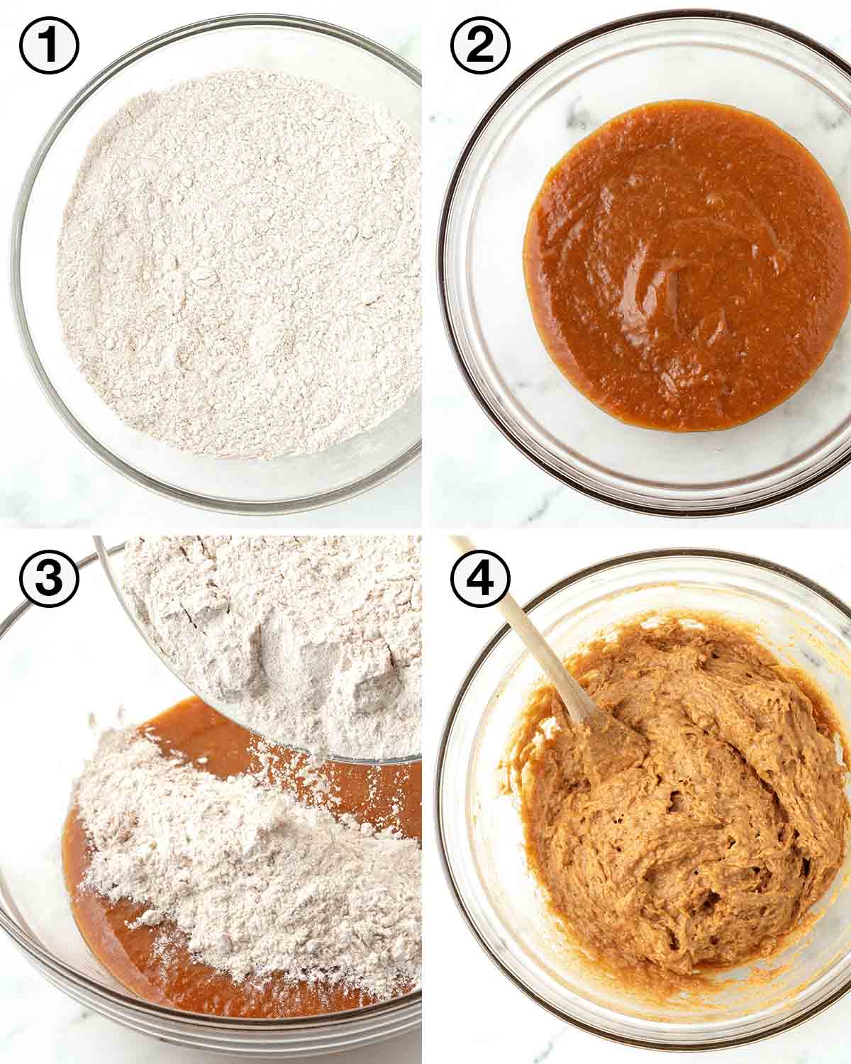 A collage of four images showing the first sequence of steps needed to make vegan pumpkin bars.