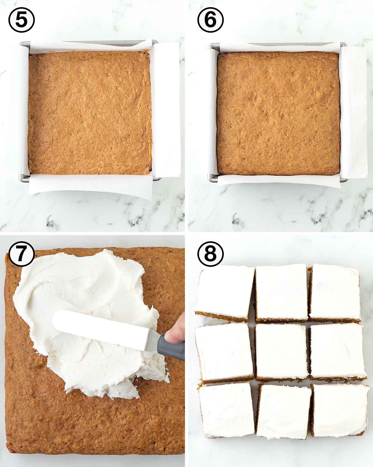 A collage of four images showing the first sequence of steps needed to make vegan pumpkin bars.