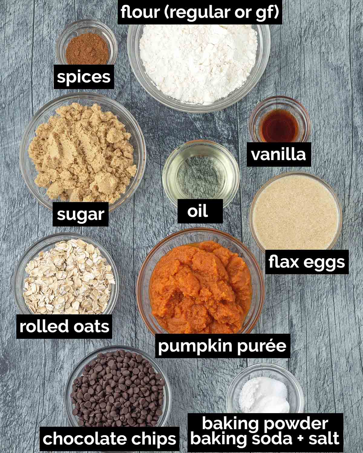 An overhead shot showing the ingredients needed to make vegan pumpkin oatmeal muffins.