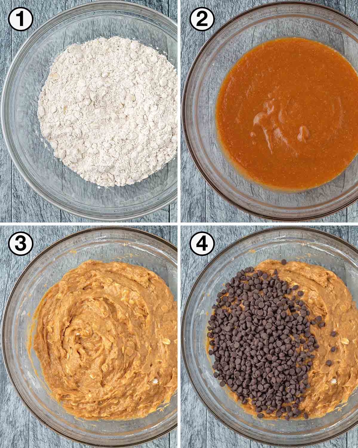 A collage of four images showing the first sequence of steps needed to make vegan pumpkin oatmeal muffins.