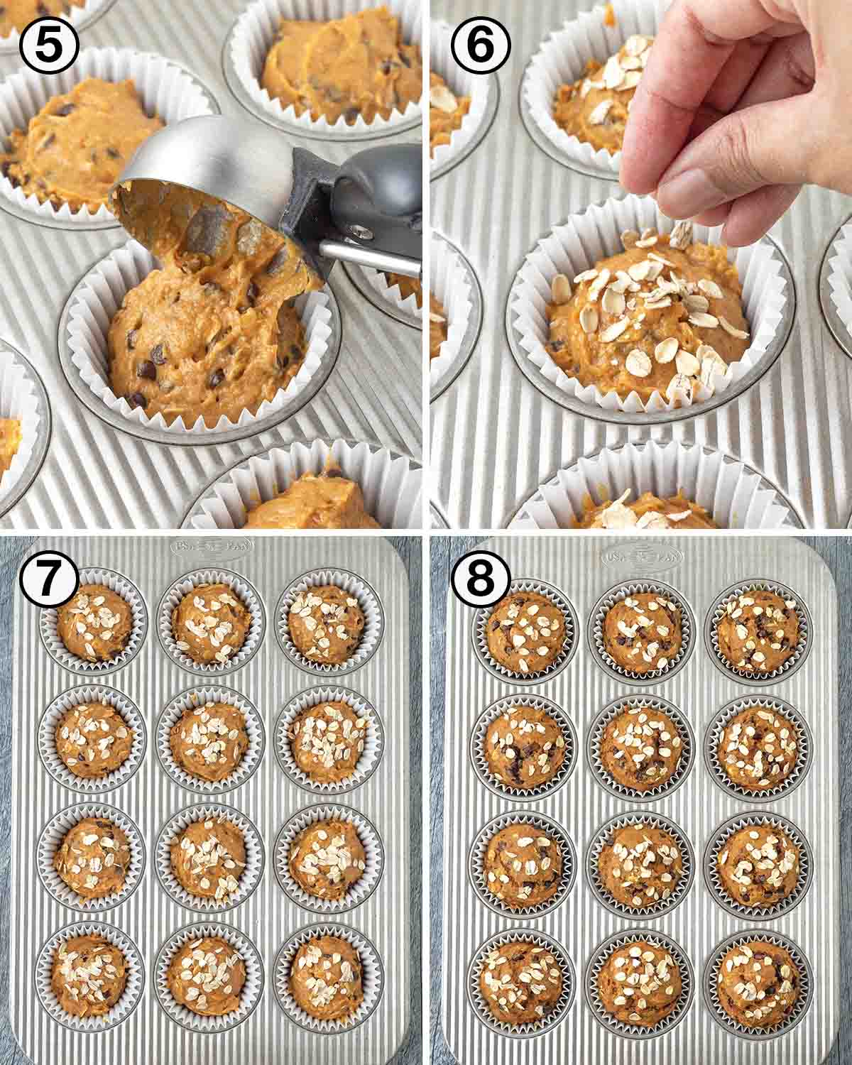 A collage of four images showing the second sequence of steps needed to make vegan pumpkin oatmeal muffins.