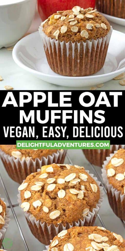 Pinterest pin with two images of vegan apple oatmeal muffins, this image is for pinning this recipe to Pinterest.