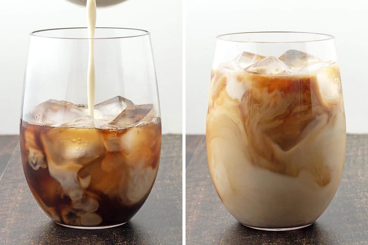 Two images, one shows oat milk being poured into a glass with ice and coffee, the other image shows the finished drink.
