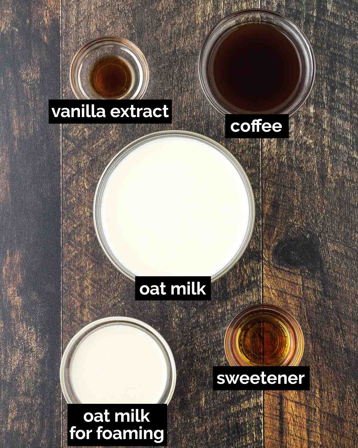 An overhead shot showing the ingredients needed to make an oat milk latte.