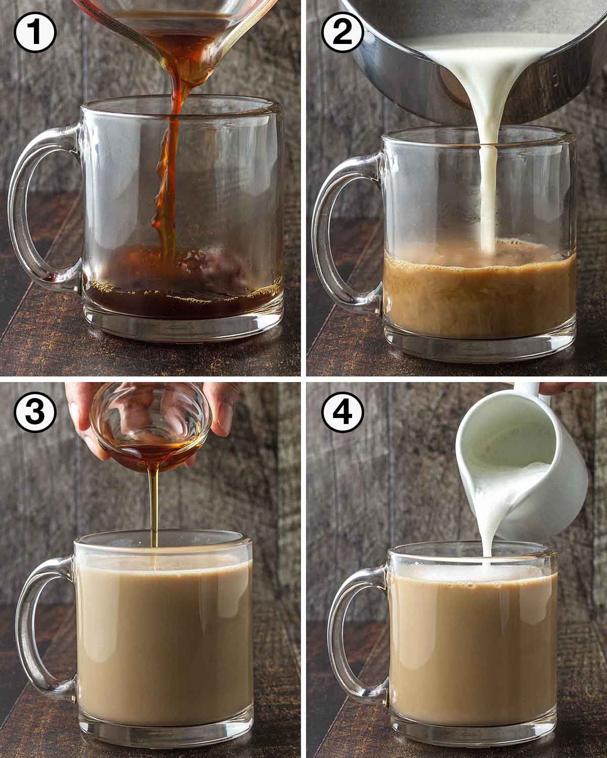 A collage of four images showing the sequence of steps needed to make an oat milk latte.