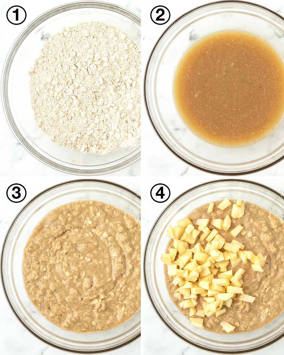 A collage of four images showing the first sequence of steps needed to make vegan apple oatmeal muffins.