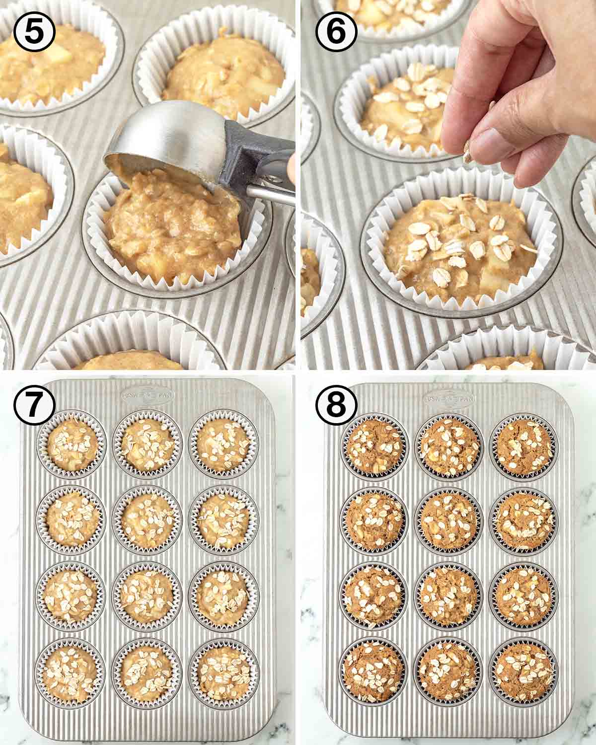 A collage of four images showing the second sequence of steps needed to make vegan apple oatmeal muffins.