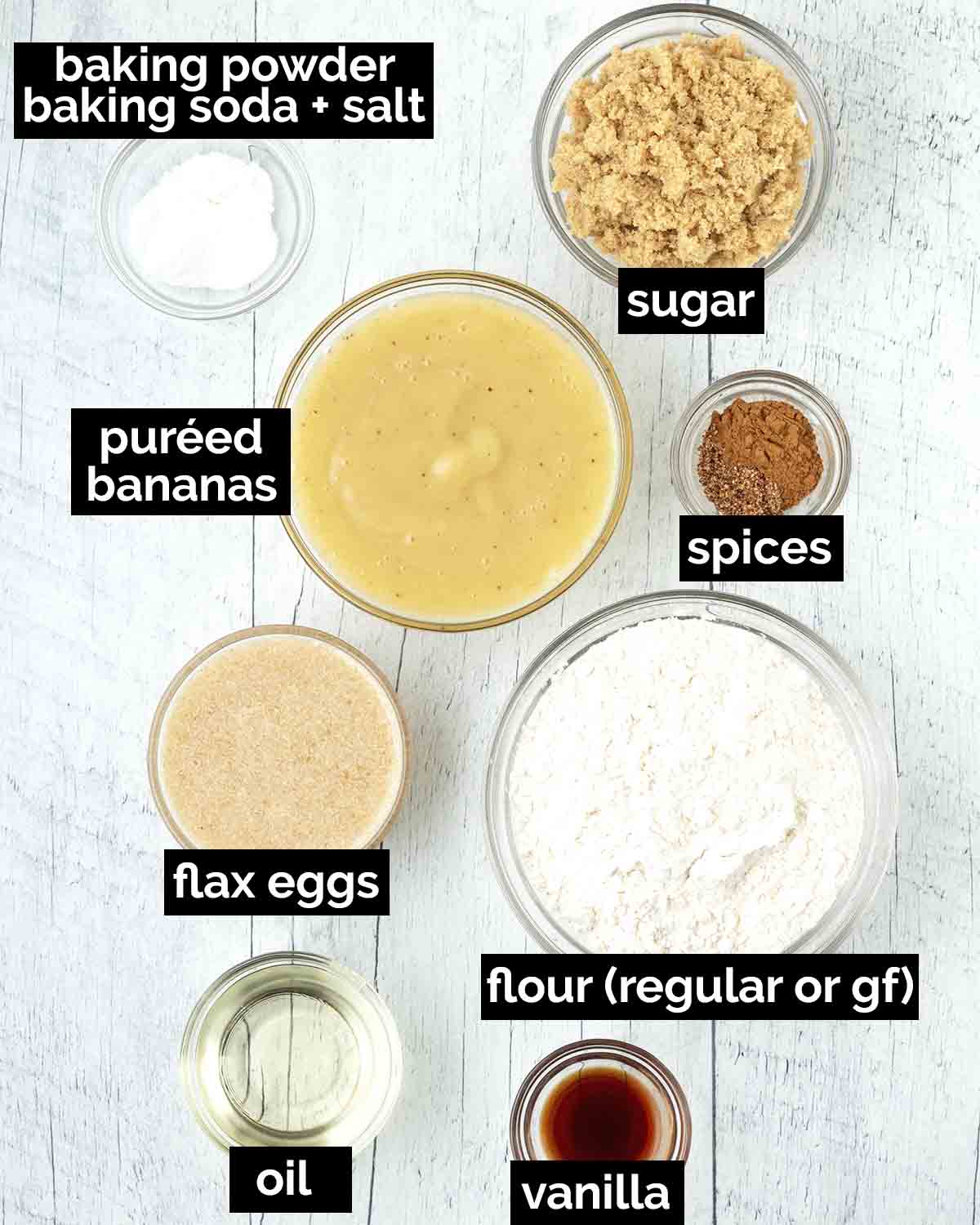 An overhead shot showing the ingredients needed to make vegan banana cake.
