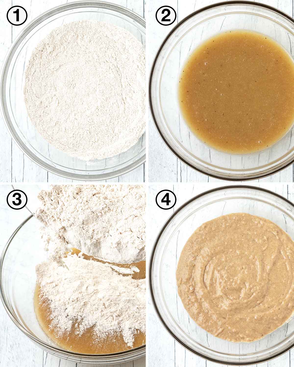 A collage of four images showing the first sequence of steps needed to make a vegan banana cake.