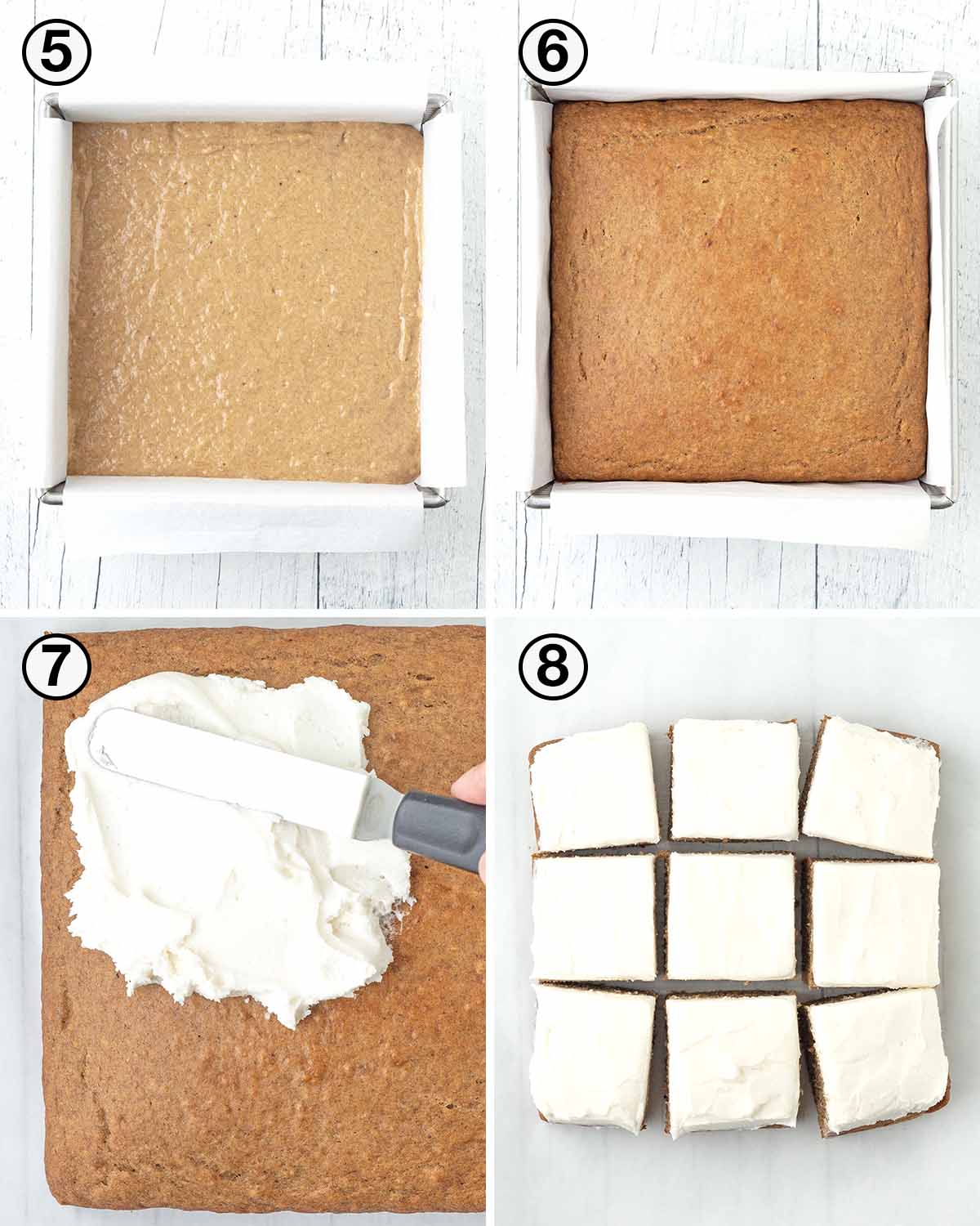 A collage of four images showing the second sequence of steps needed to make a vegan banana cake.