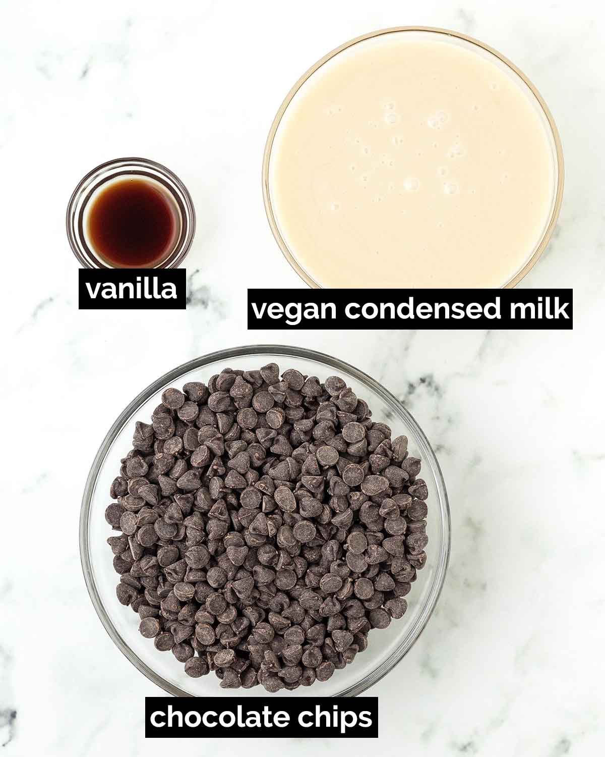 An overhead shot showing the ingredients needed to make vegan fudge.
