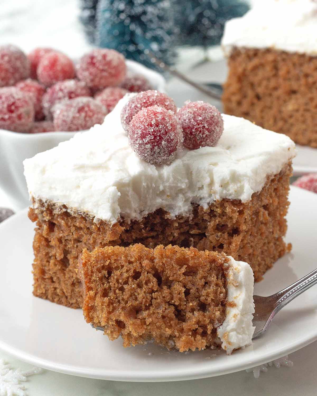 A piece of vegan gingerbread cake on a white plate, a fork with a piece of the cake on it sits in front of the cake.