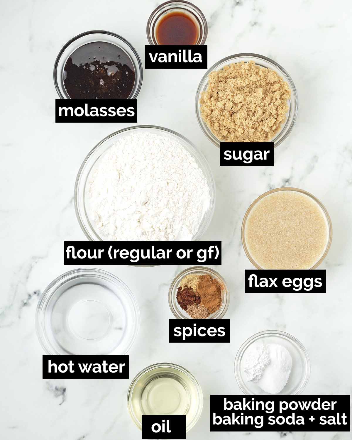 An overhead shot showing the ingredients needed to make vegan gingerbread cake.