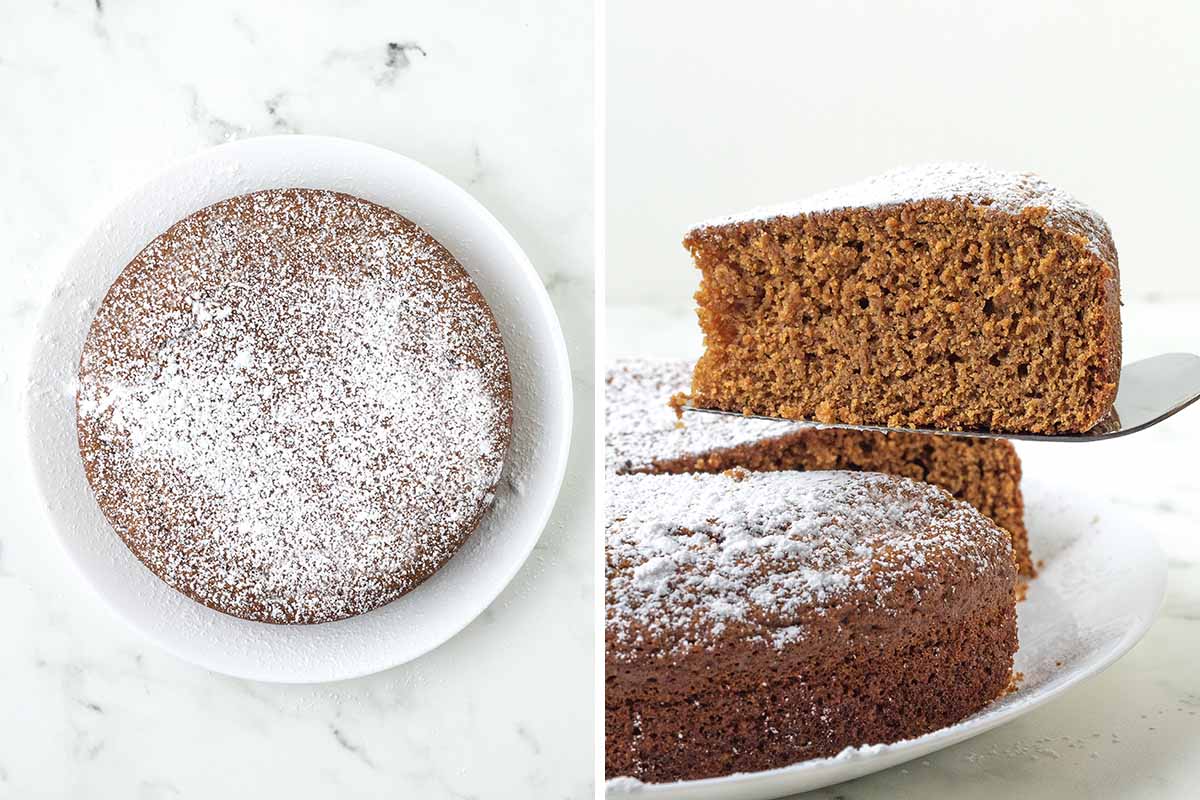 Two images of a round vegan gluten-free gingerbread cake before and after it has been sliced.