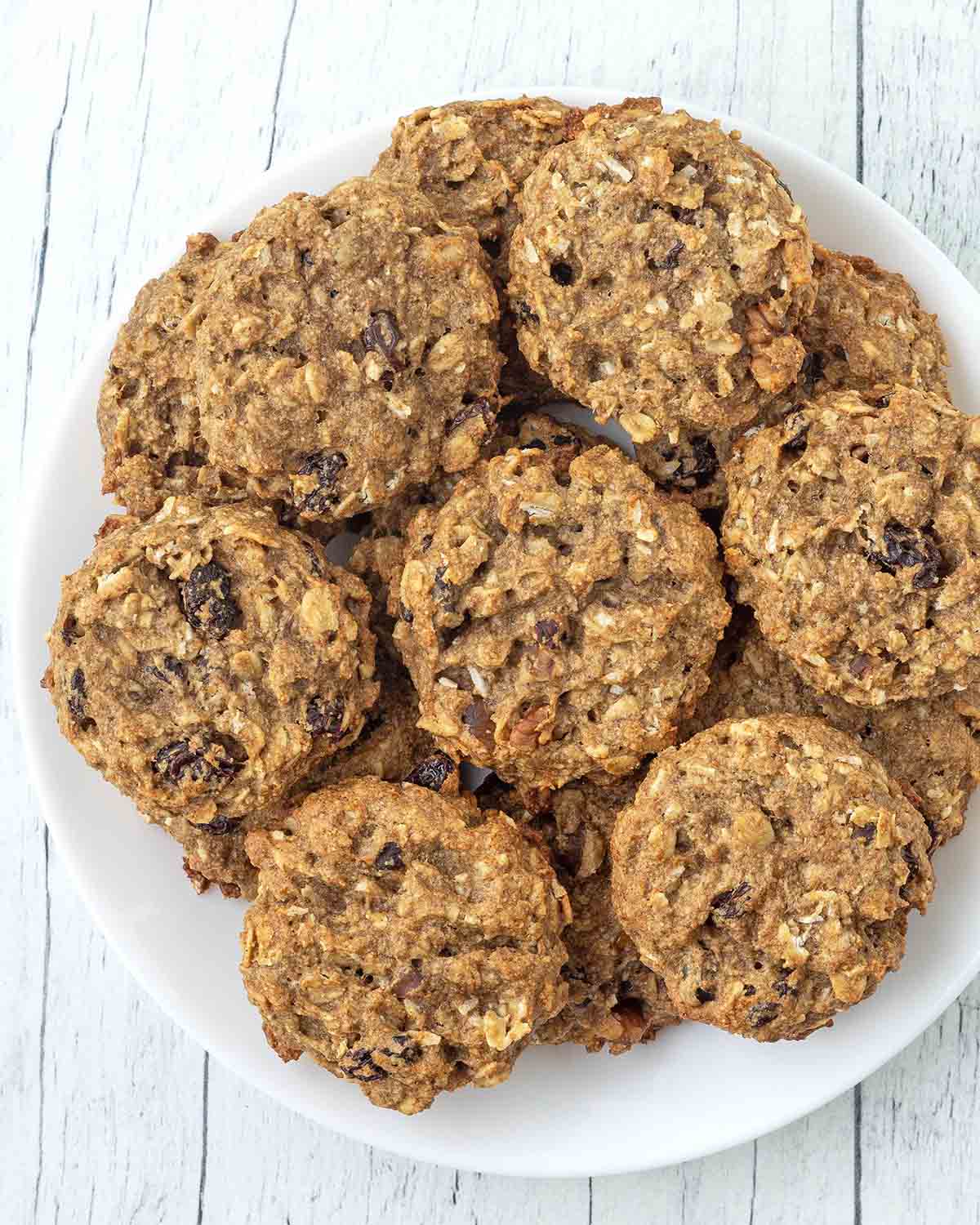 Overhead image of vegan breakfast cookies on a plate.