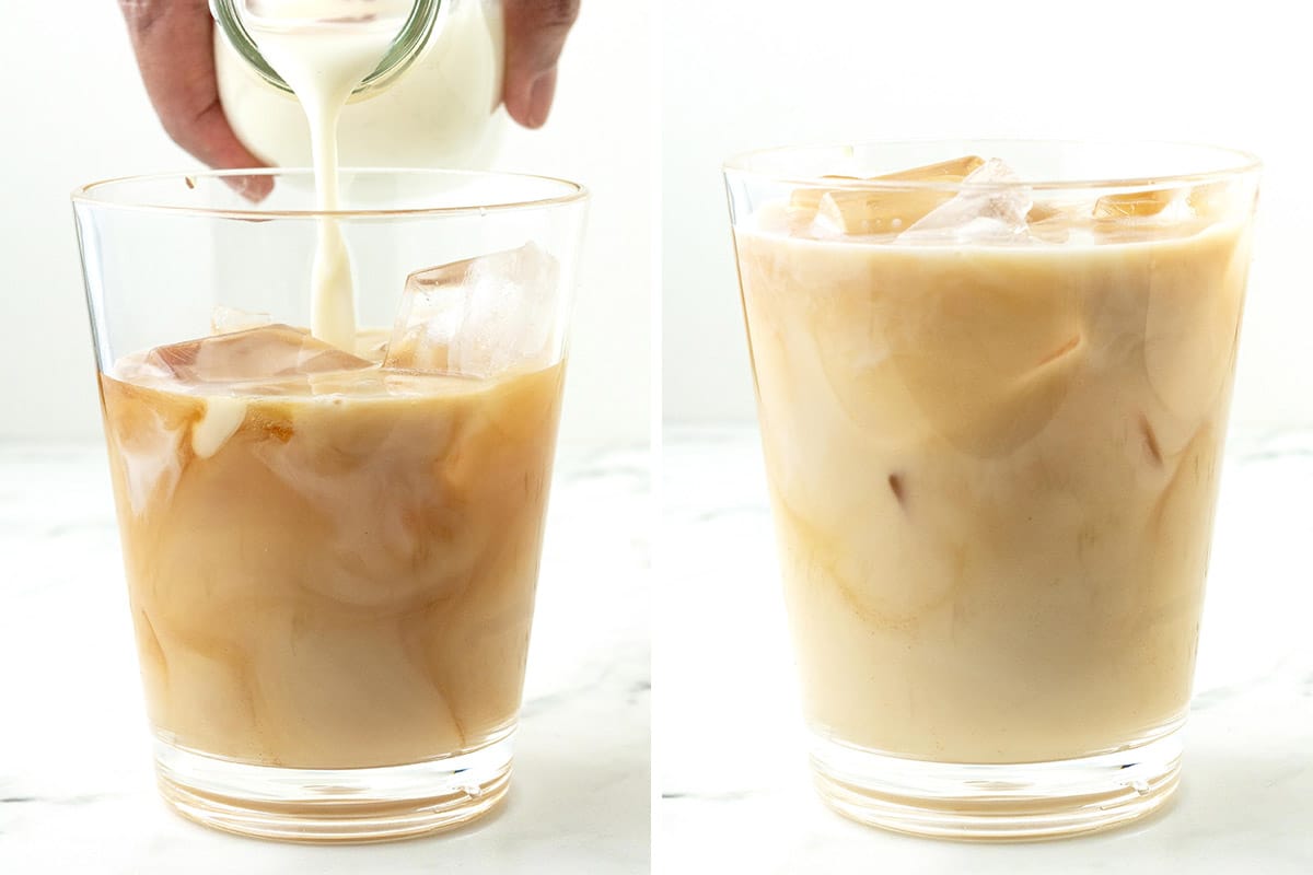 Two images, one shows almond milk being poured into a glass with ice and chai, the other image shows the finished drink.