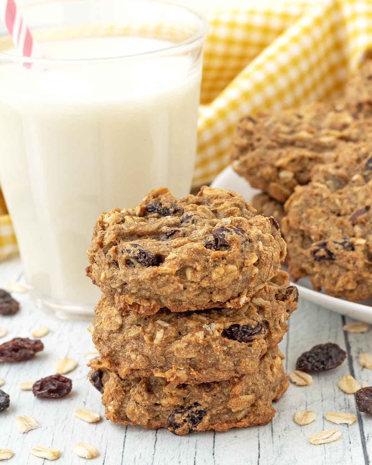 A stack of three oat flour breakfast cookies on a table.
