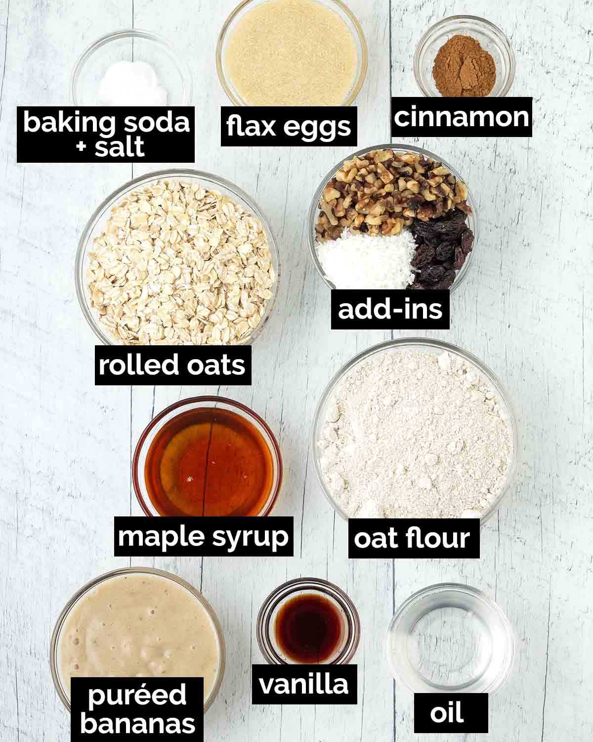 An overhead shot showing the ingredients needed to make vegan breakfast cookies.