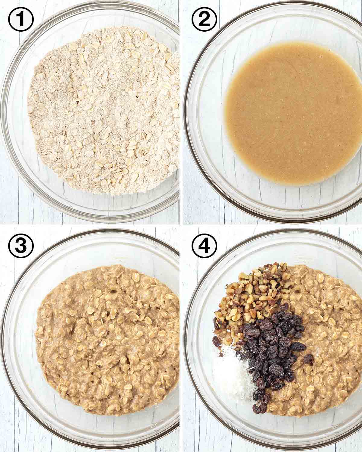 A collage of four images showing the first sequence of steps needed to make vegan breakfast cookies.