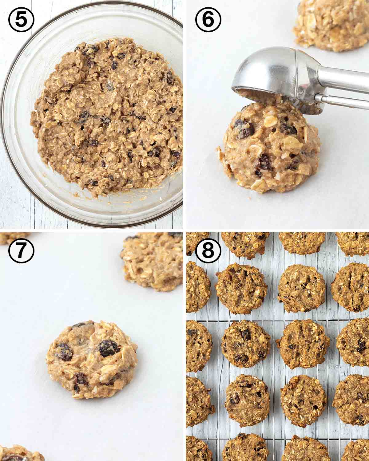 A collage of four images showing the second sequence of steps needed to make vegan breakfast cookies.