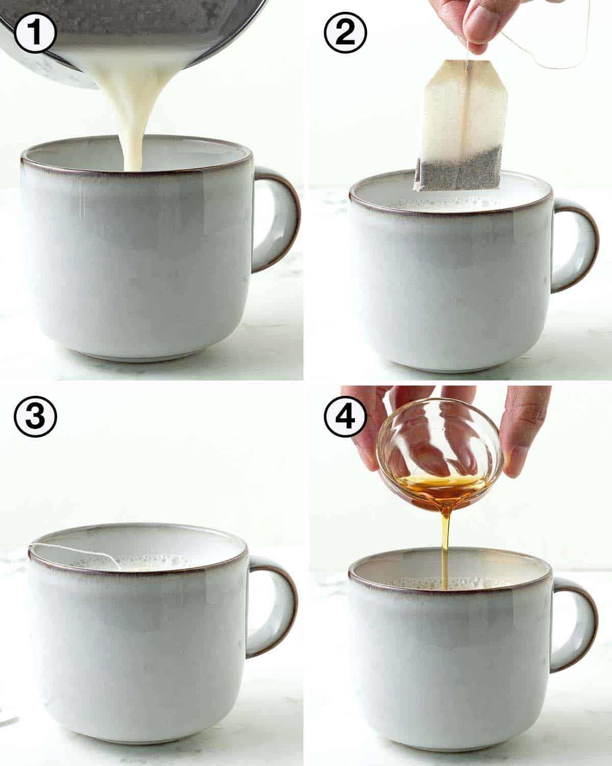 A collage of four images showing the sequence of steps needed to make a vegan chai latte.