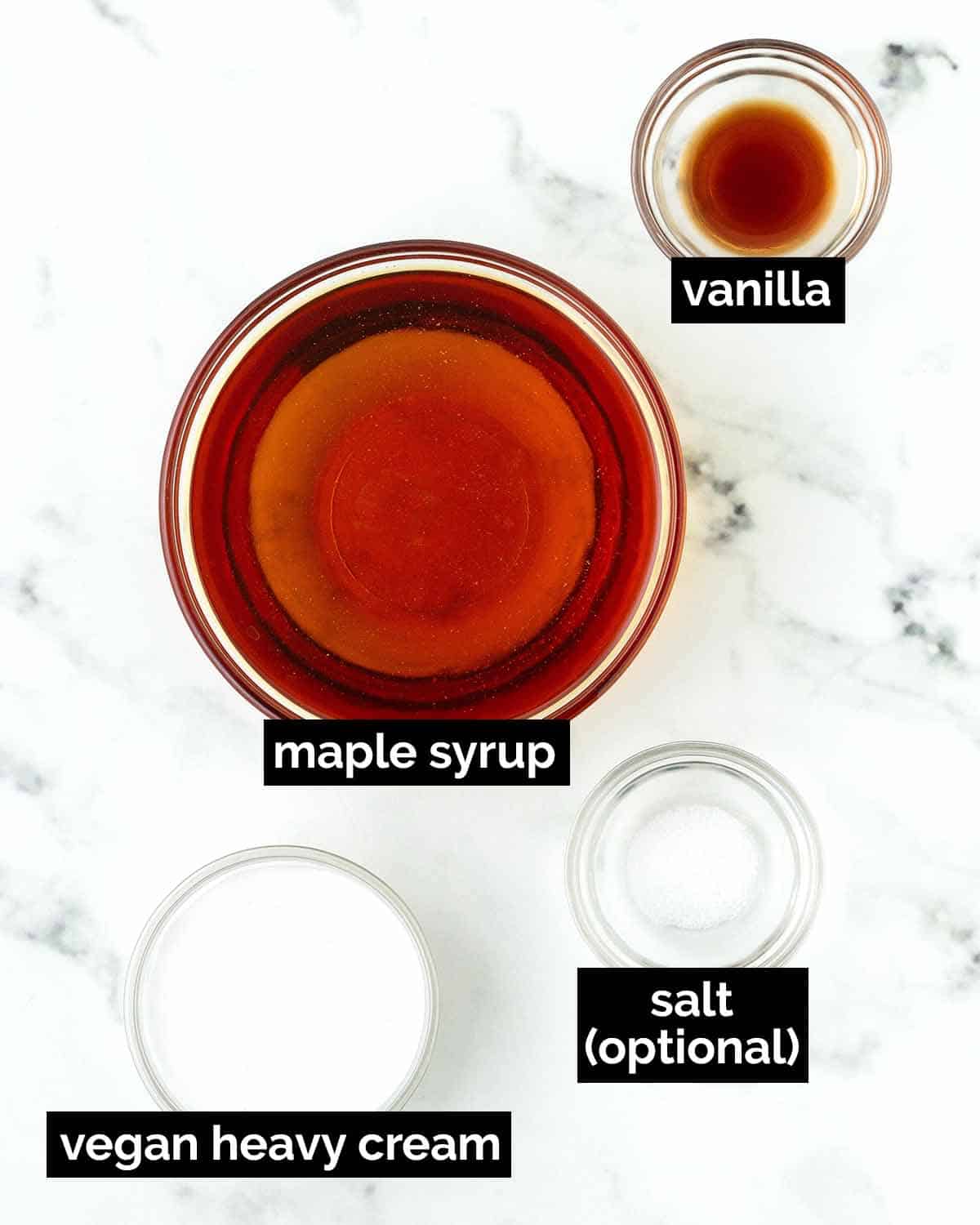 An overhead shot showing the ingredients needed to make vegan maple caramel.