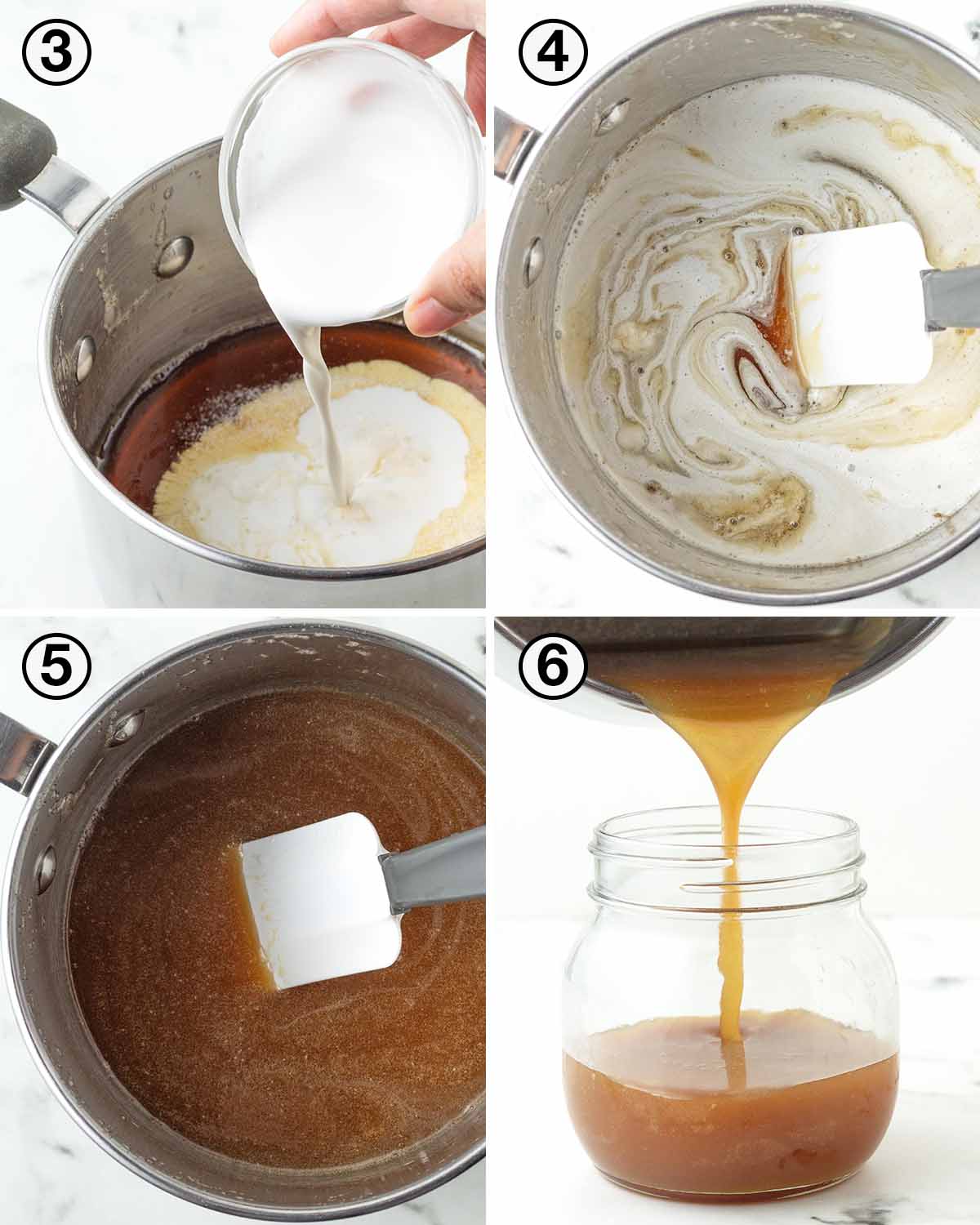 A collage of four images showing the first sequence of steps needed to make vegan maple caramel.