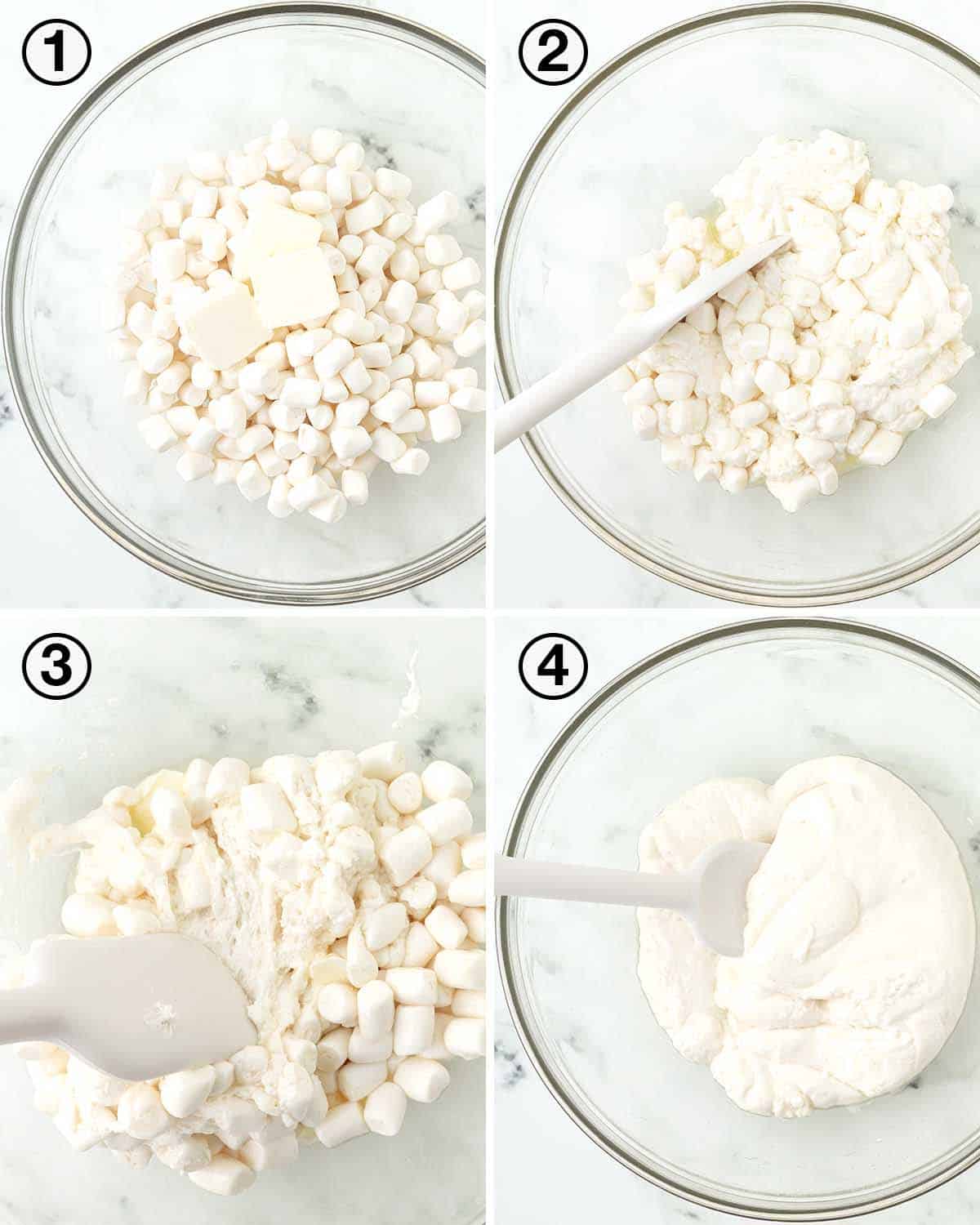 A collage of four images showing the first sequence of steps needed to make vegan strawberry rice crispy treats.
