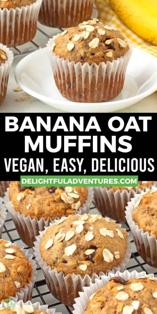 Pinterest pin with two images of vegan banana oat muffins, this image is for pinning this recipe to Pinterest.