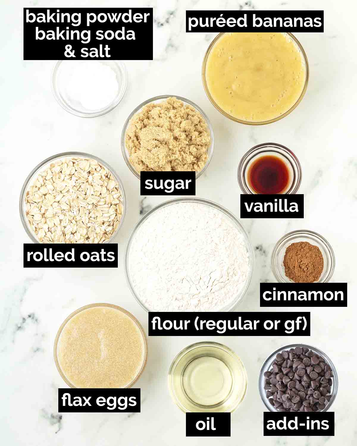An overhead shot showing the ingredients needed to make vegan banana oat muffins.