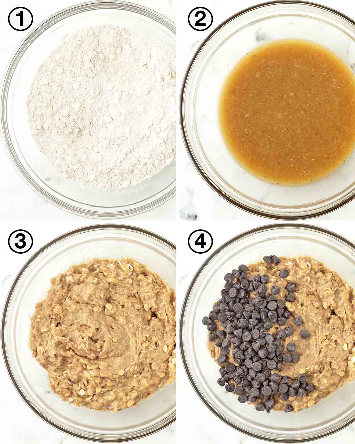A collage of four images showing the first sequence of steps needed to make vegan banana oat muffins.