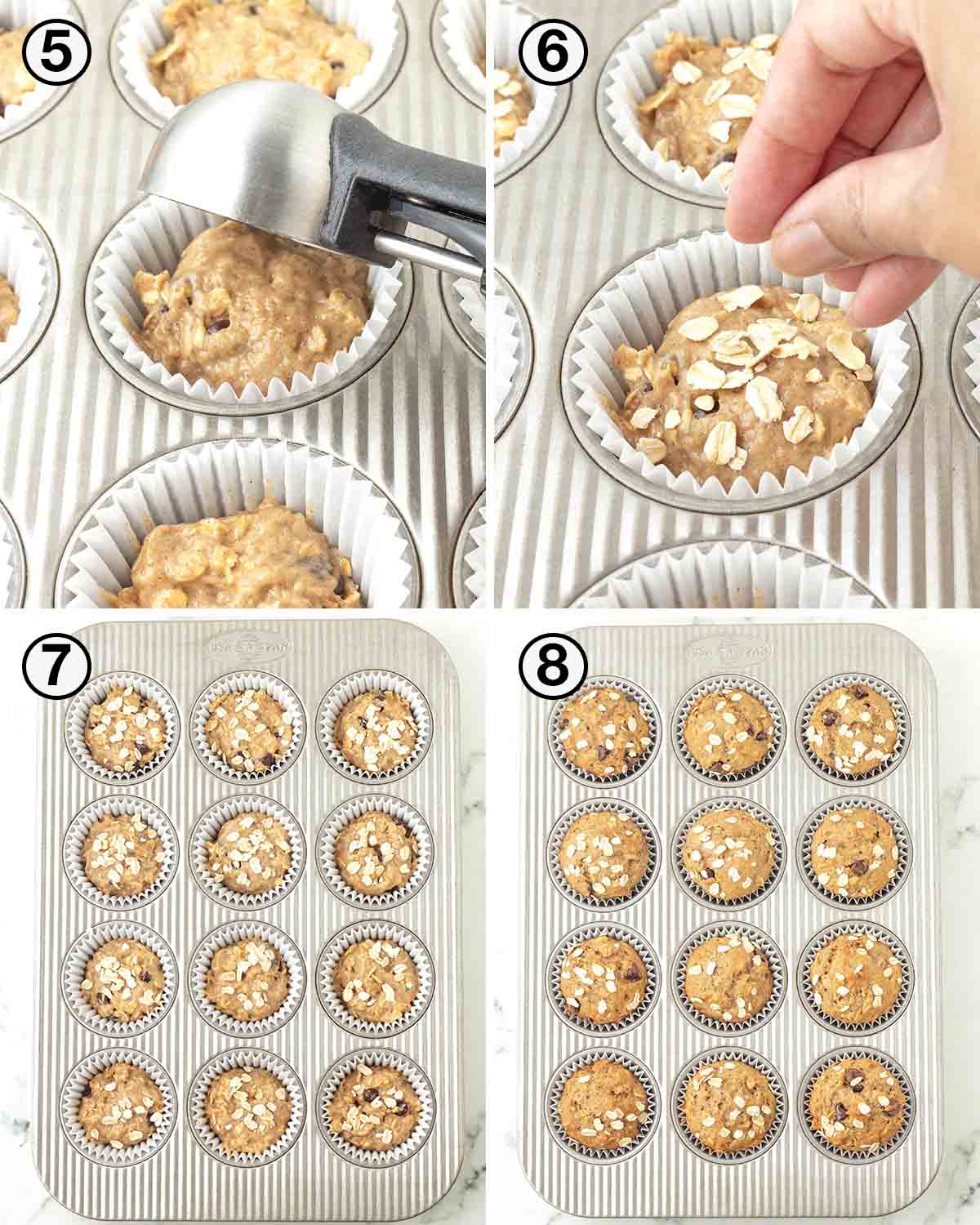 A collage of four images showing the second sequence of steps needed to make vegan banana oat muffins.