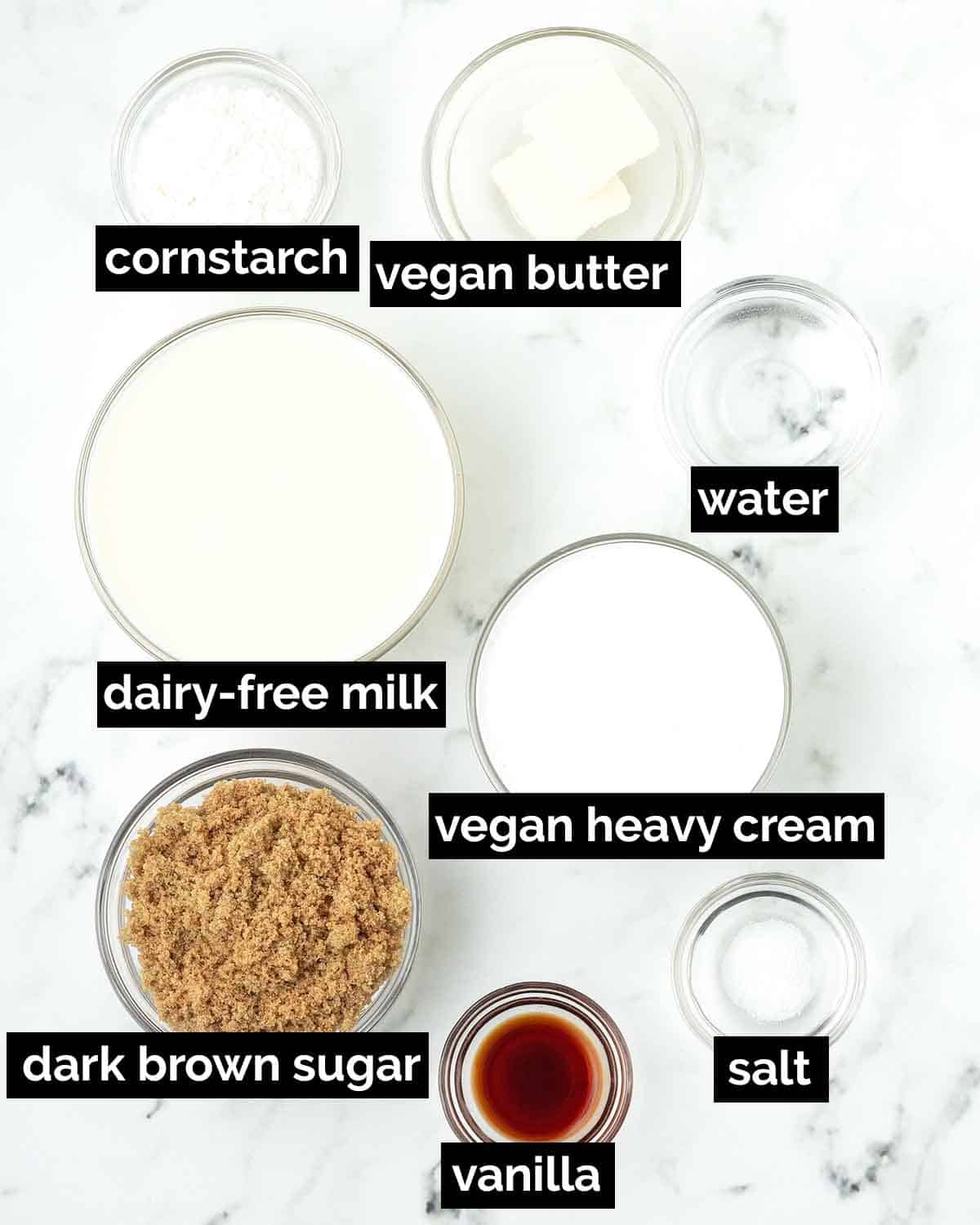 An overhead shot showing the ingredients needed to make vegan butterscotch pudding.