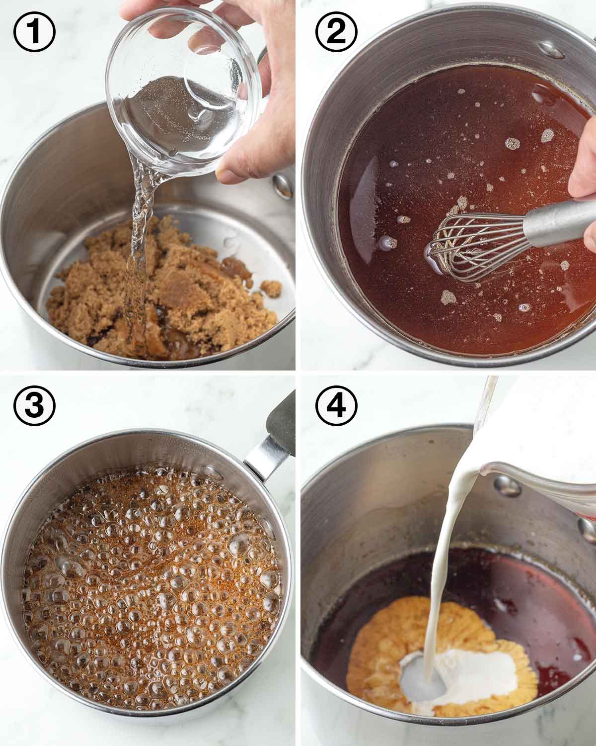A collage of four images showing the first sequence of steps needed to make vegan butterscotch pudding.
