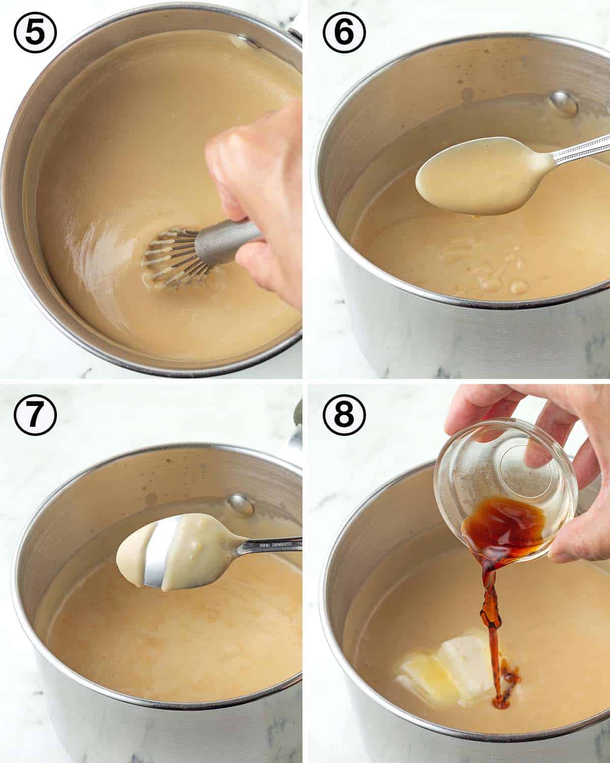 A collage of four images showing the second sequence of steps needed to make vegan butterscotch pudding.