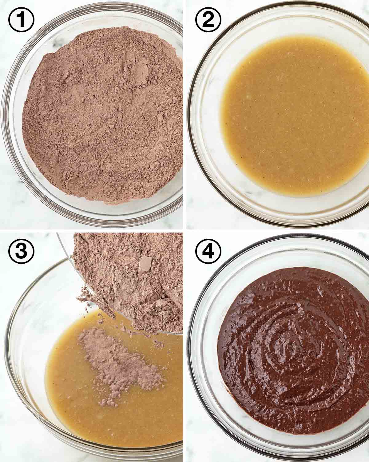A collage of four images showing the first sequence of steps needed to make vegan chocolate banana cake.