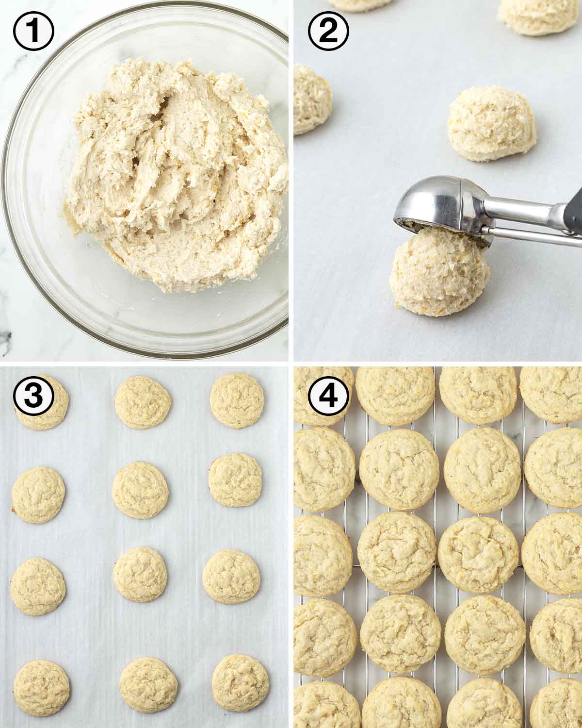 A collage of four images showing the sequence of steps needed to make vegan lemon cookies.