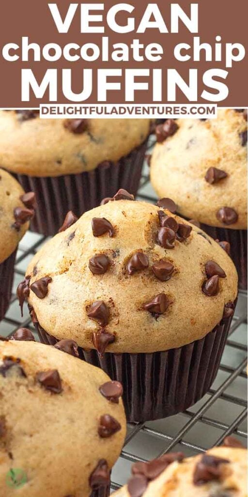Pinterest pin with two images of vegan chocolate chip muffins, this image is for pinning this recipe to Pinterest.