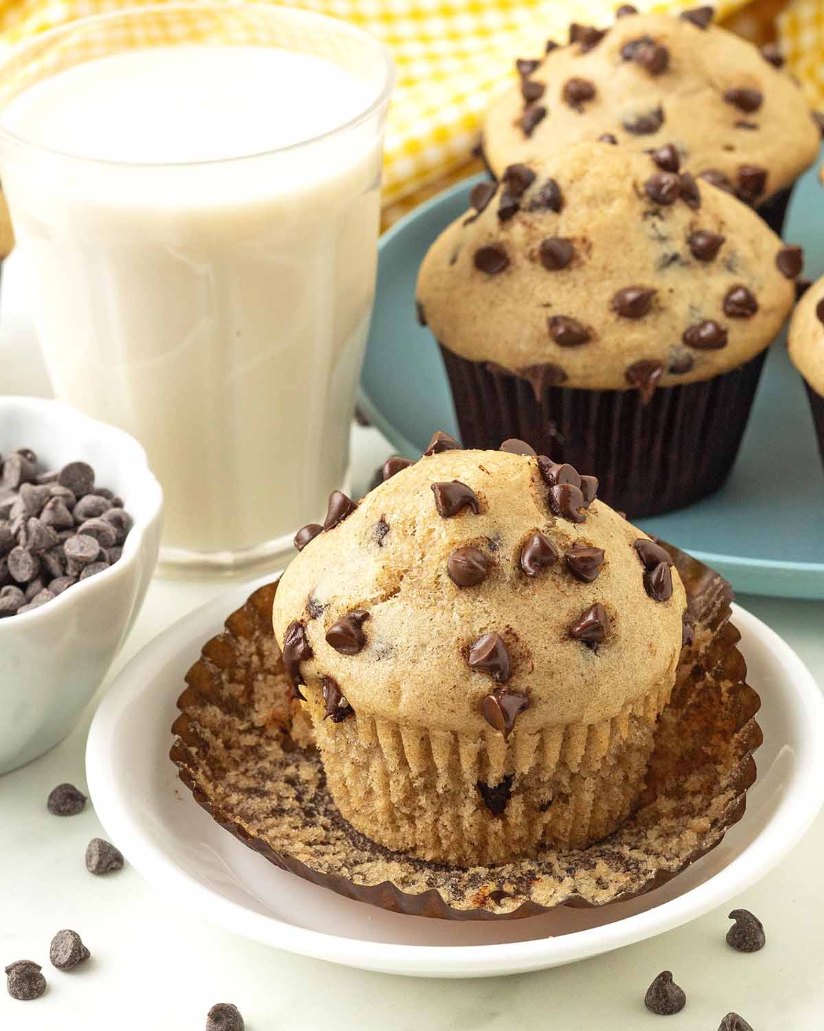A chocolate chip muffin on a plate, the muffin wrapper has been peeled away.