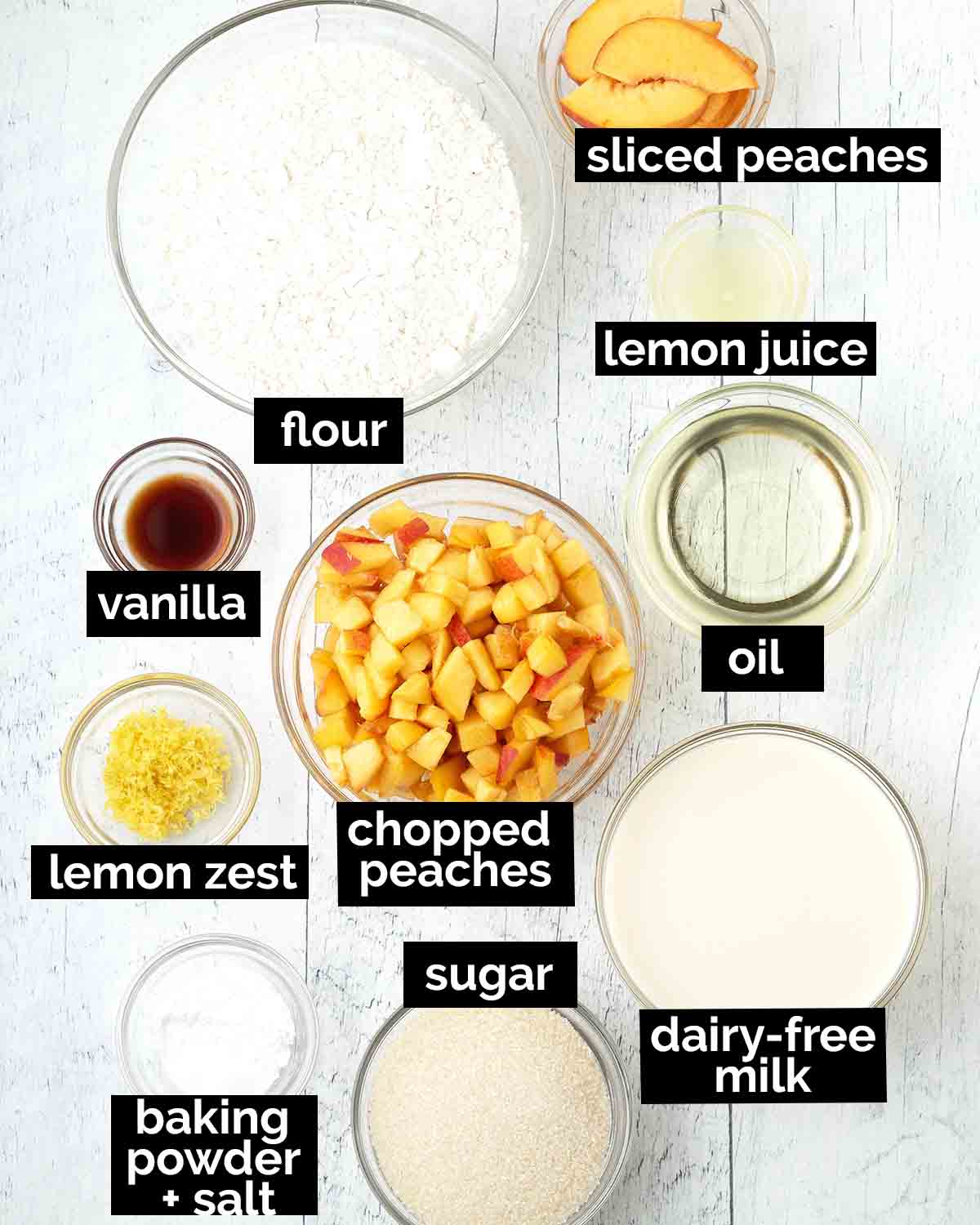 An overhead shot showing the ingredients needed to make vegan peach cake.
