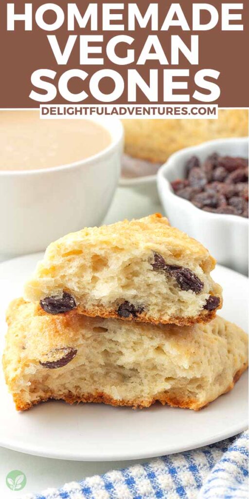 Pinterest pin with an image of a vegan scone split in half, this image is for pinning this recipe to Pinterest.