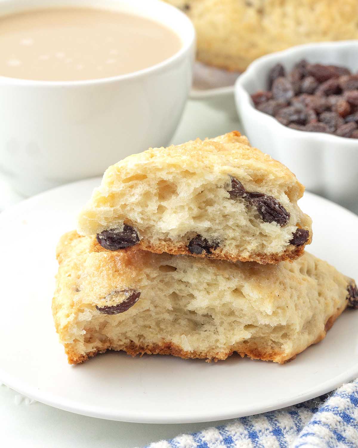A scone split in half to show the soft inner texture.