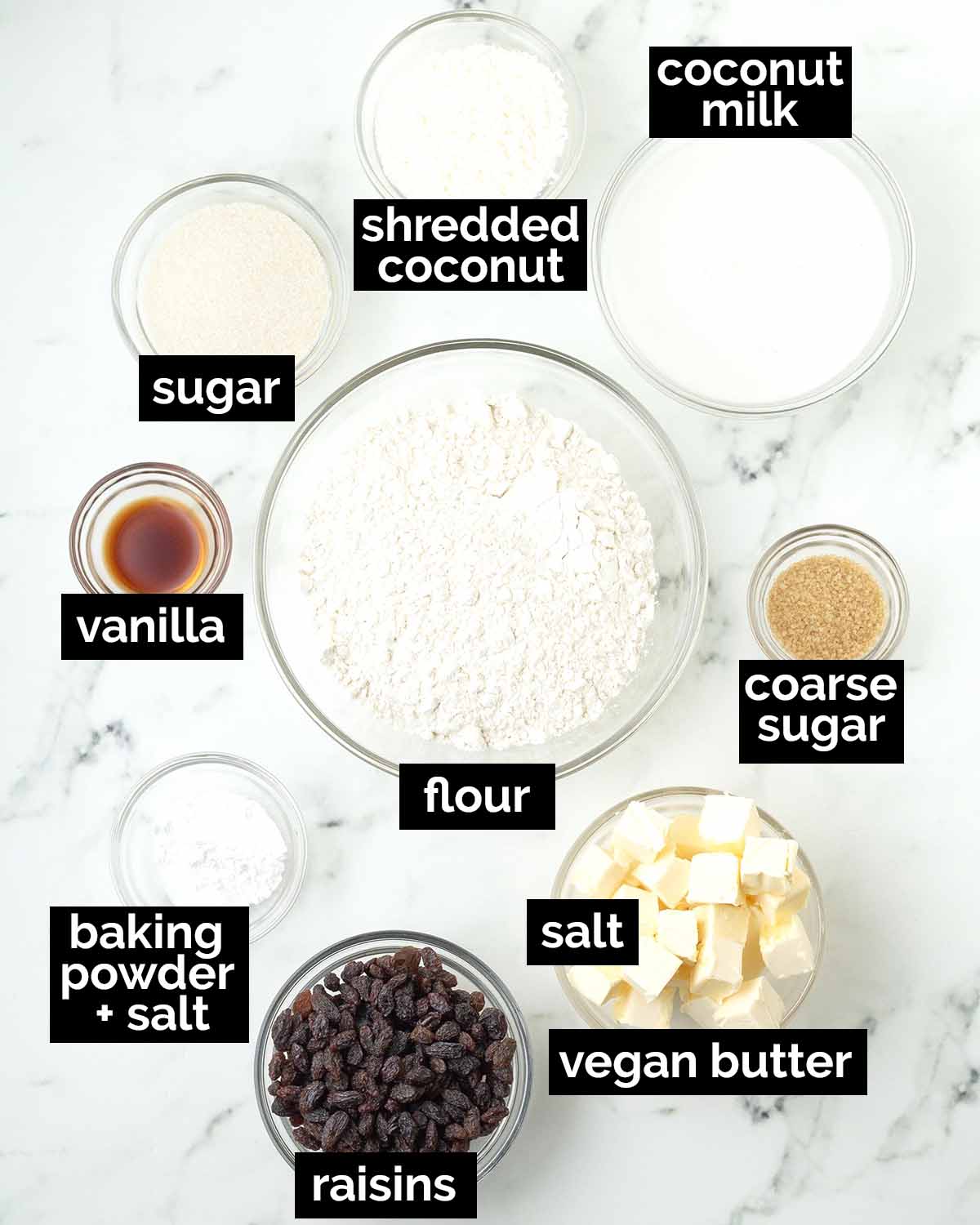An overhead shot showing the ingredients needed to make vegan coconut scones.